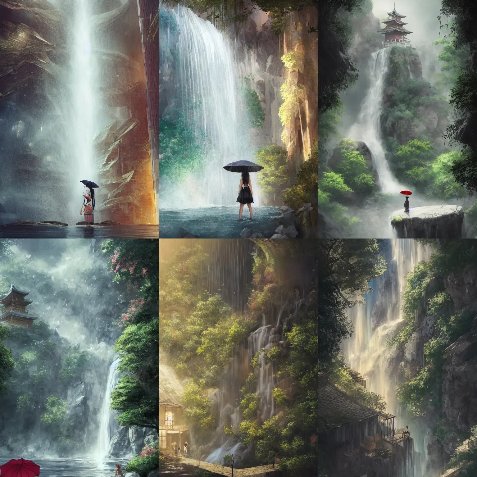 Prompt: waterfall cascading down all the sides of a solitary tall building on to sand below, japanese girl watches with umbrella, soft lighting,, misty, trending on art station fantasy art, global illumination, radiant light, detailed and intricate environment