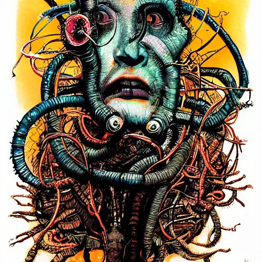 Prompt: graphic illustration, creative design, medusa, biopunk, by ralph steadman, francis bacon, hunter s thompson, highly detailed, mixed media