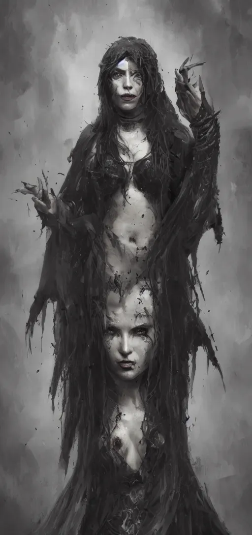 Image similar to above waist portrait of a female sorceress in dark tattered robes, oil painting, menacing look, gritty, dark monochrome hues, artstation, high detail, 4 k