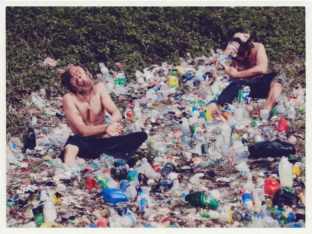 Prompt: lorenzo cherubini jovanotti alone crying surrounded by plastic bottles and garbage on a beach, polaroid color photo, ultra realistic