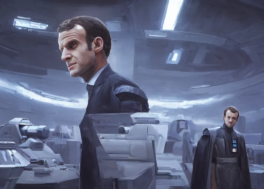 Image similar to painting of Emmanuel Macron dressed as in Star Wars,(((( inside the galactic senate)))), sharp focus, full body, trending on ArtStation, masterpiece, by Greg Rutkowski, by Ross Tran, by Fenghua Zhong, octane, clear eyes, soft render, clear facial features, oil on canvas, moody lighting, cinematic, professional environment concept art