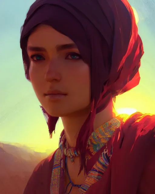 Image similar to beautiful bedouin, detailed portrait, cell shaded, 4 k, vivid colours, concept art by wlop, ilya kuvshinov, artgerm, krenz cushart, greg rutkowski, pixiv. cinematic dramatic atmosphere, sharp focus, volumetric lighting, cinematic lighting, studio quality