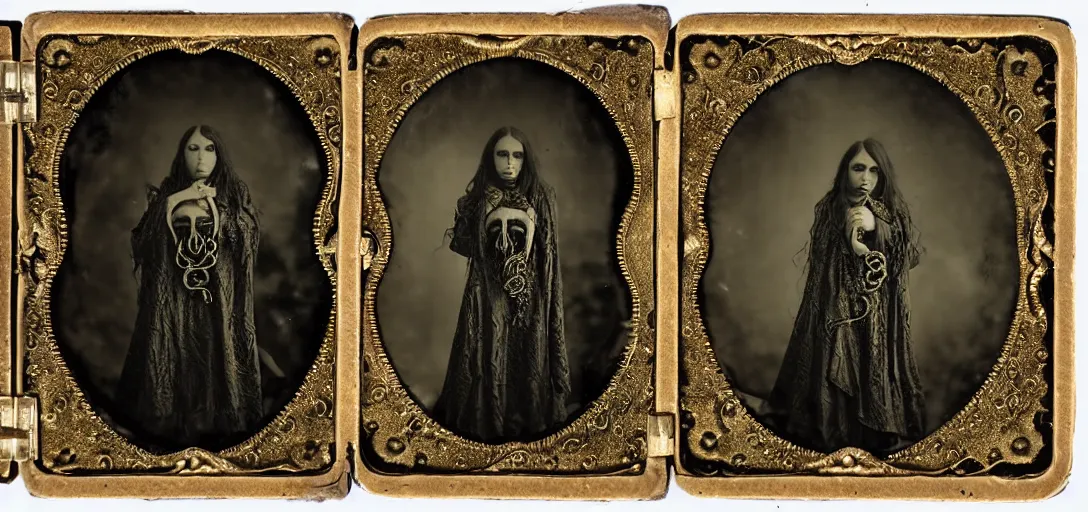 Prompt: tintype ambrotype daguerreotype of a cthulhu priestess adorned in occult jewels wearing occult ceremonial robes. with tentacle hair. emerging walking out of a slithering baroque frame.