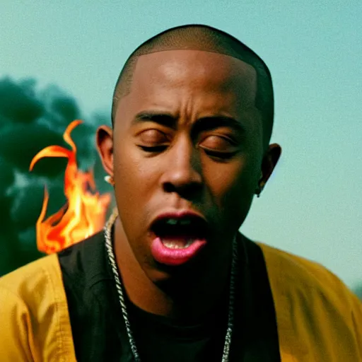 Image similar to cinematic film still of rapper Tyler The Creator starring as a Japanese Sensei with fire, Japanese CGI, VFX, 2003, 40mm lens, shallow depth of field, film photography