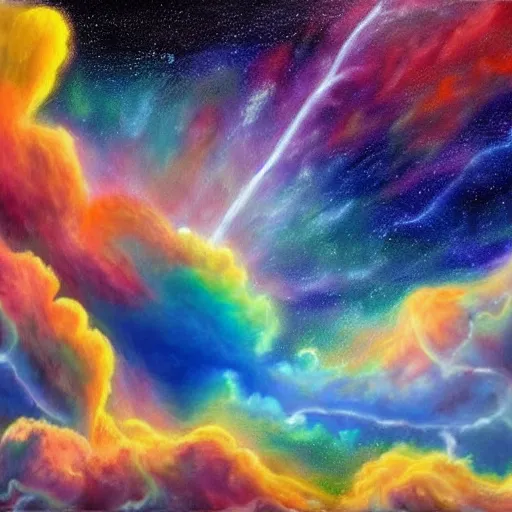 Image similar to A detailed and realistic painting of a huge colourful cloud in space, with lots of other clouds around, with incredibly huge lightning with 8k resolution, in the artistic style of fantasy art