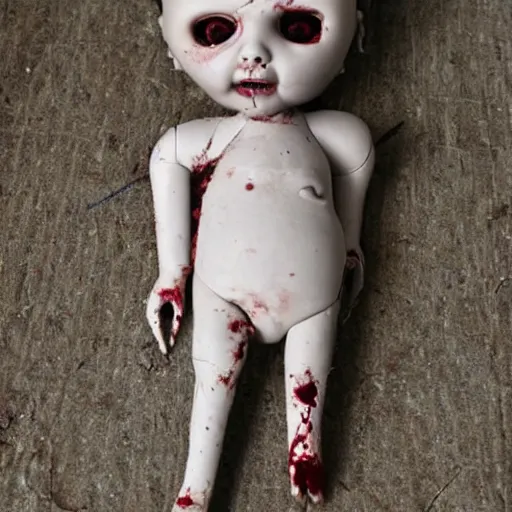 Prompt: macabre abandoned doll, blood stained, few broken hairs, one eye, terrifying