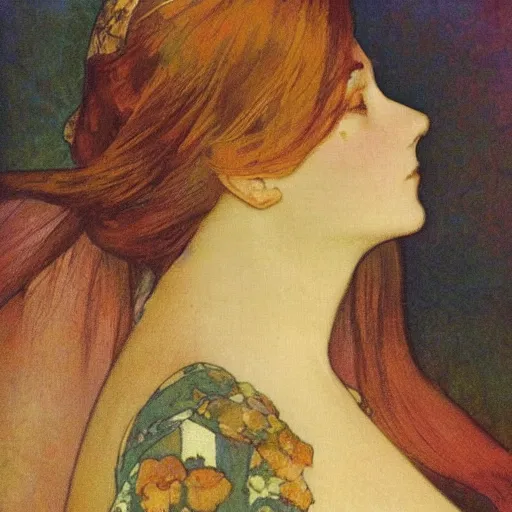 Image similar to woman's sideface, beautiful background, by alfons maria mucha, highly detailded