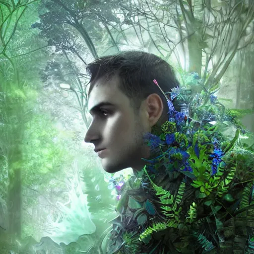 Image similar to half figure shot of a male knight, stern face, clear eyes, shining sword, in a dark forest, shining armour made of steel and flowers, and fractal flowery hair in a fractal garden, glowing delicate flower, berries and ferns that grow in a dark fantasy forest, clear face, peaceful face,