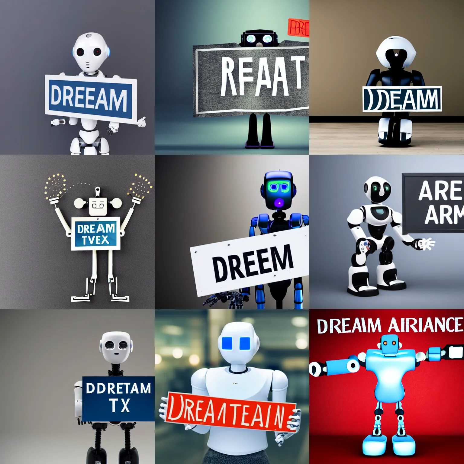 Image similar to artificial intelligence robot holding a sign with text that reads : dream