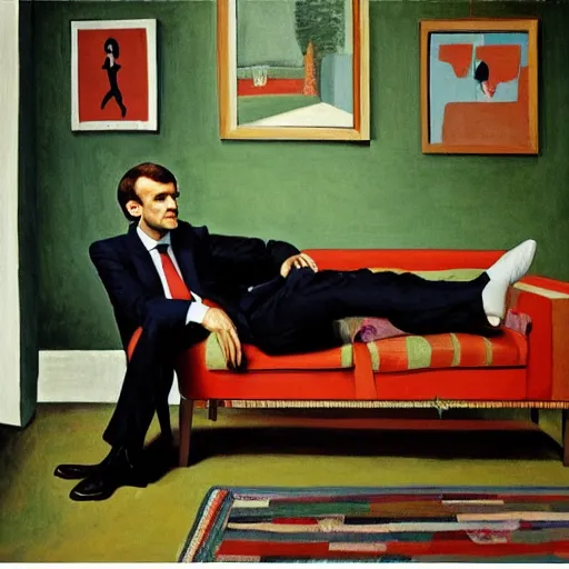 Image similar to emmanuel macron posing on a sofa, 1 9 7 0 living room, oil on canvas, by david hockney, bouguereau