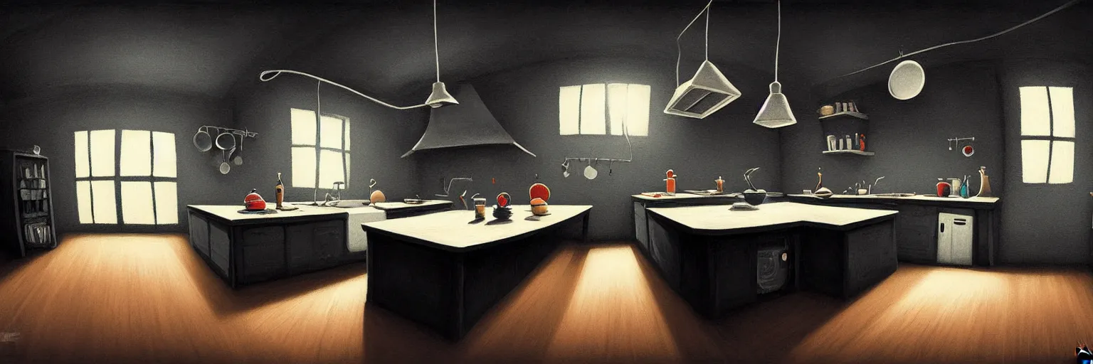 Prompt: dark palette emo black, fisheye, naive, extra narrow, detailed illustration of an unlit kitchen, large floor, octopus shaped by rhads from lorax movie