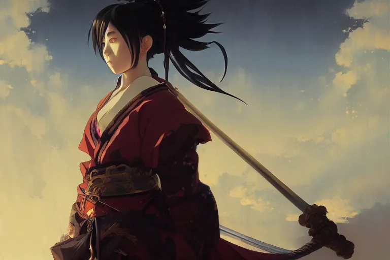 Image similar to baroque oil painting of anime key visual concept art of a samurai girl, very anime, stars vackground, trending on artstation, oil on canvas, style of makoto shinkai greg rutkowski studio ghibli