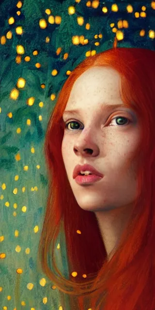 Image similar to an amazed young woman surrounded by golden firefly lights in a mesmerizing scene, sitting amidst nature fully covered, long loose red hair, precise linework, accurate green eyes, small nose with freckles, smooth oval shape face, empathic, bright smile, expressive emotions, hyper realistic portrait by artemisia gentileschi, jessica rossier, boris vallejo