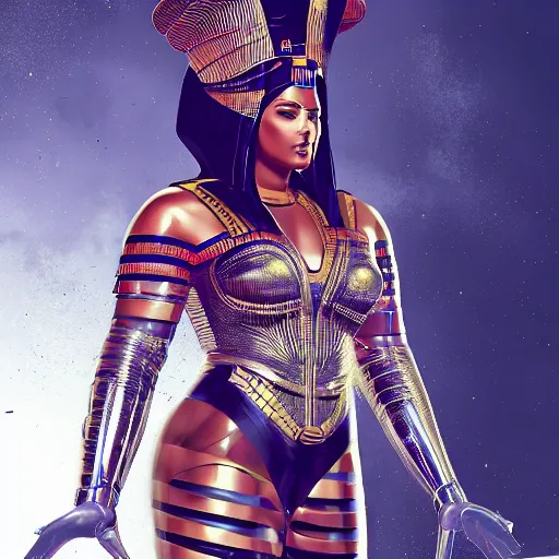 Image similar to full body portrait of the thicc Egyptian Android Pharaoh Queen, by DC comics and Sandra Chevrier and beeple, artstation, volumetric lighting, hyperrealism, hyper detailed futuristic royalty, strong and muscular, award winning costume design, cybernetic bionic ancient cyborg, fashion show runway, futuristic fine textures, woven with electricity, high fashion superpowers, dust particles, mystic haze, greg rutkowski, Tooth Wu, 4k UHD, 35mm
