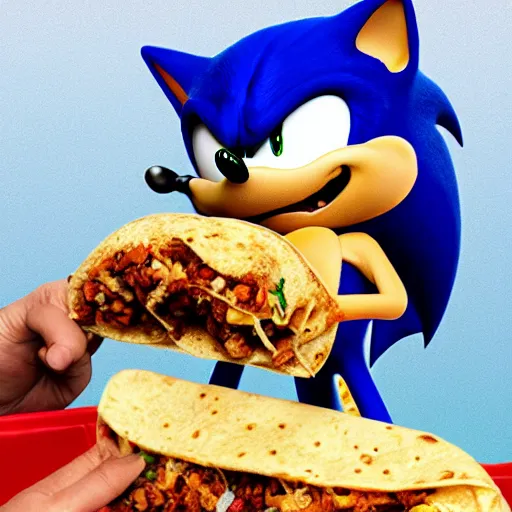 Prompt: sonic the hedgehog eating a fat burrito