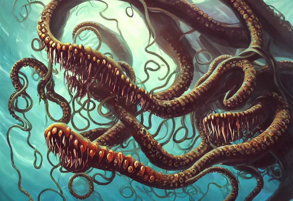 Prompt: Underwater Tentacle Pandomonium;Art by Greg Manchess, Art Direction by Jeremy Jarvis; painting spiraling inward; Deep sea horror; teeth and eyes; illustration