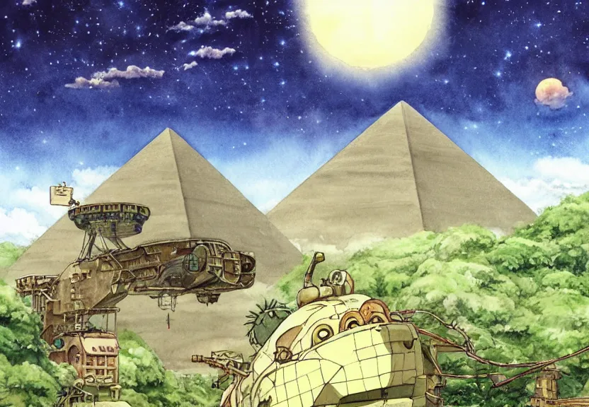 Image similar to a hyperrealist watercolor concept art from a studio ghibli film showing a giant beige mechanized crocodile from howl's moving castle ( 2 0 0 4 ). a pyramid is under construction in the background, in the rainforest on a misty and starry night. a ufo is in the sky. by studio ghibli