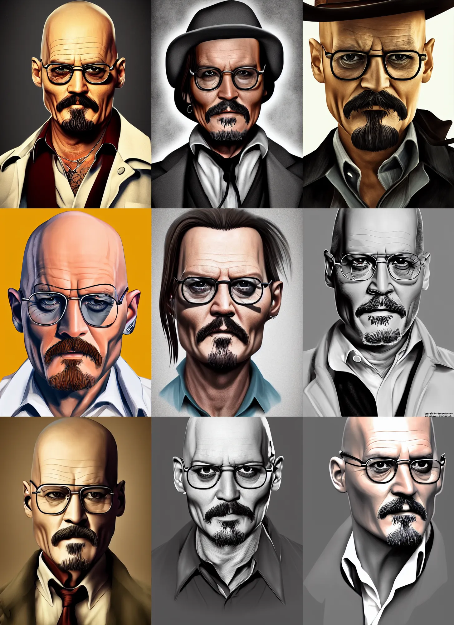 Prompt: character portrait of a bald Johnny Depp playing Walter White, digital art, trending on artstation, 4k