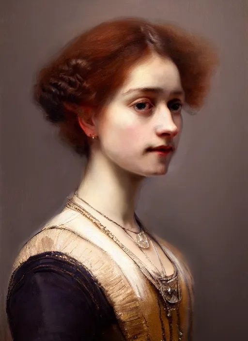 Prompt: portrait of the edwardian heiress, detailed realism face in painting, detailed beautiful portrait, oil painting masterpiece, 8 k resolution, smooth, sharp focus, trending on artstation, by rembrandt