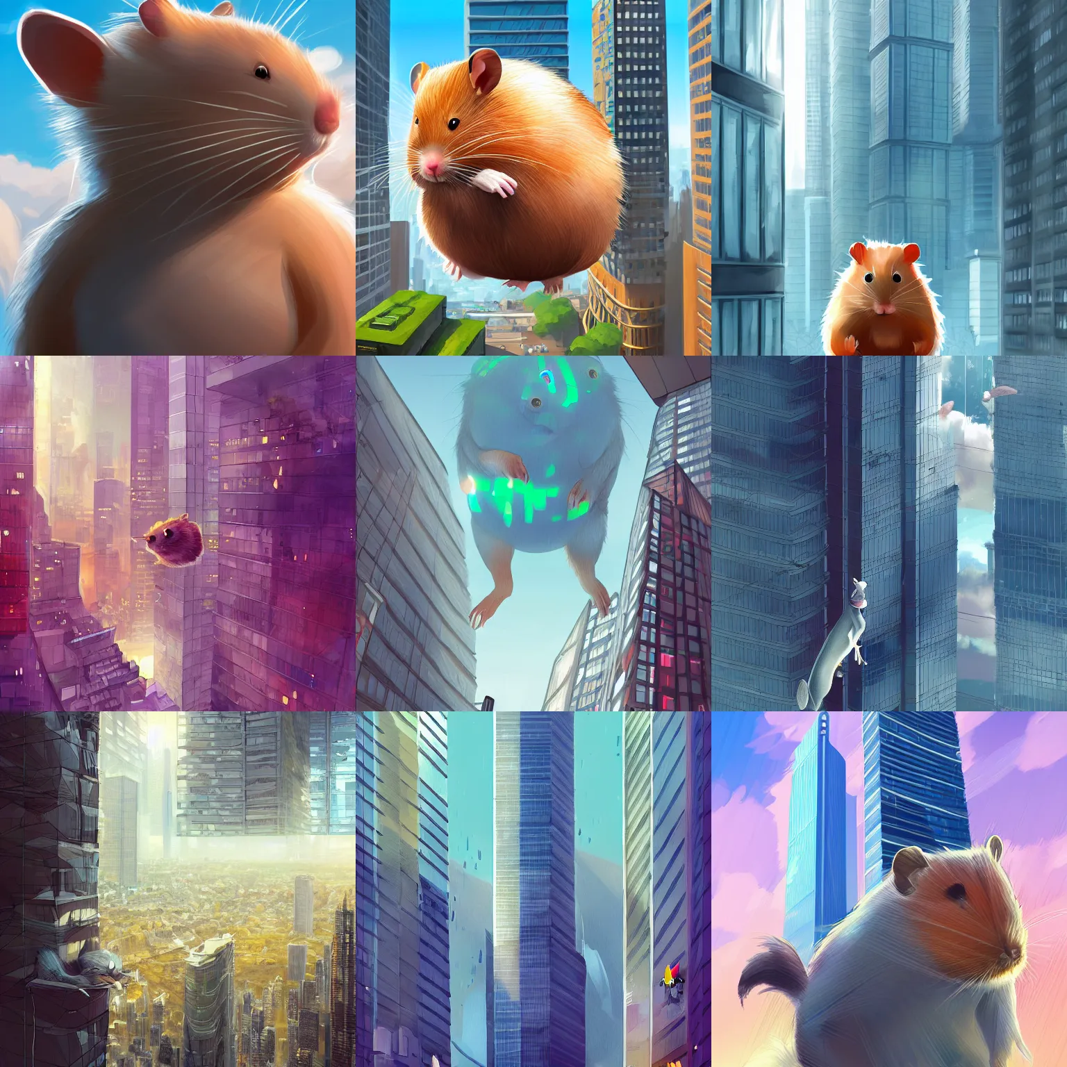 Prompt: a gigantic hamster, looking down at skyscrapers below, digital art, artstation