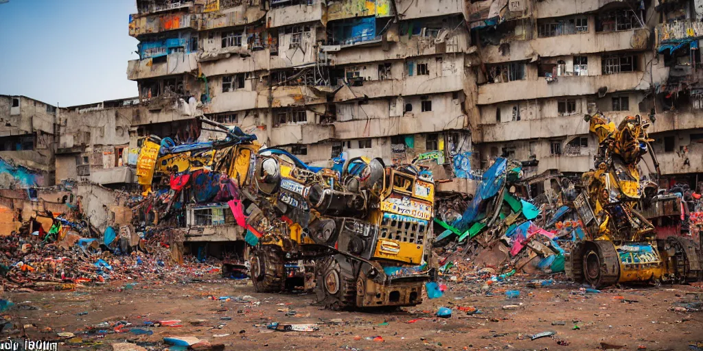 Image similar to destroyed colourful giant mecha ROBOT of AJEGUNLE SLUMS of Lagos, markings on robot, Golden Hour,