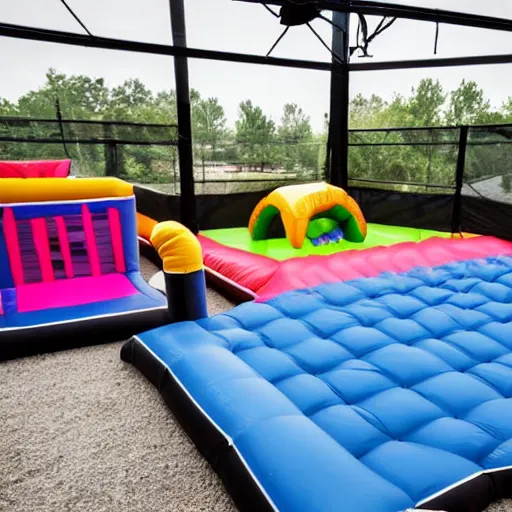 Image similar to A black trampoline next to A bouncy house with a ball pit inside a big empty room with windows