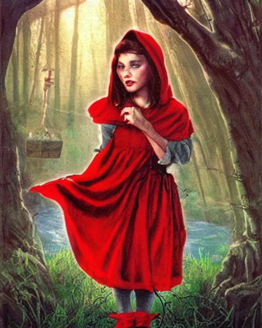 Image similar to little red riding hood, airbrush, drew struzan illustration art, key art, movie poster