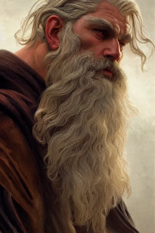 Image similar to painted portrait of rugged zeus, god of thunder, greek god, white hair, masculine, mature, handsome, upper body, flowy robe, muscular, hairy torso, fantasy, intricate, elegant, highly detailed, digital painting, artstation, concept art, smooth, sharp focus, illustration, art by gaston bussiere and alphonse mucha