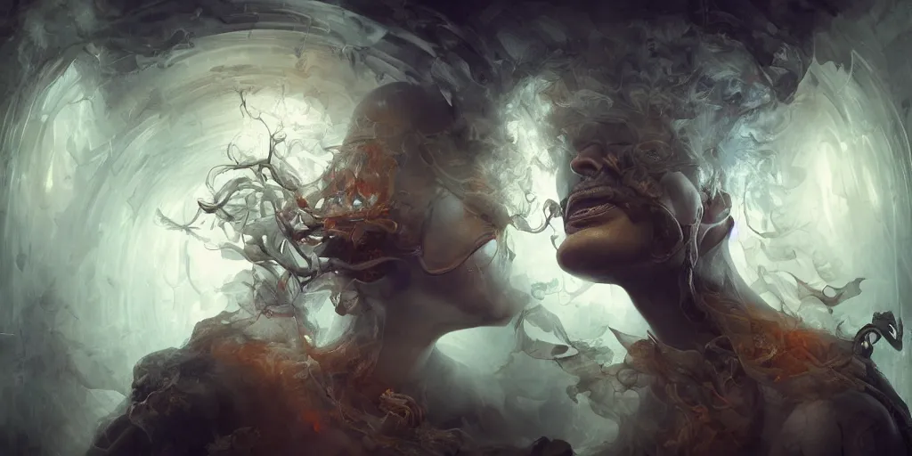 Prompt: hyperrealistic photorealist beautiful model god of commonality dancing in a smoke tunnel, dramatic lighting, highly detailed, hyper detailed, 3 d render, hyper realistic detailed portrait, high face symmetry, peter mohrbacher, wlop, ruan jia