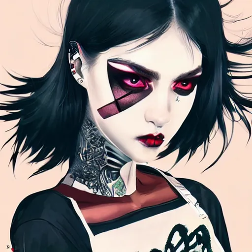 Prompt: a beautiful punkrock woman in crop top, by guweiz and wlop, symmetrical eyes, aesthetic, gorgeous, stunning, alluring, attractive