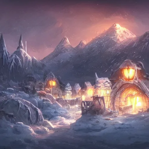 Prompt: dark fantasy concept art of a snow mountain with a small village on it at night, dynamic lighting, ambient lighting, atmospherical, stunning visuals, creative, cinematic, ultra detailed trending on art station, 8k quality, lonely vibe