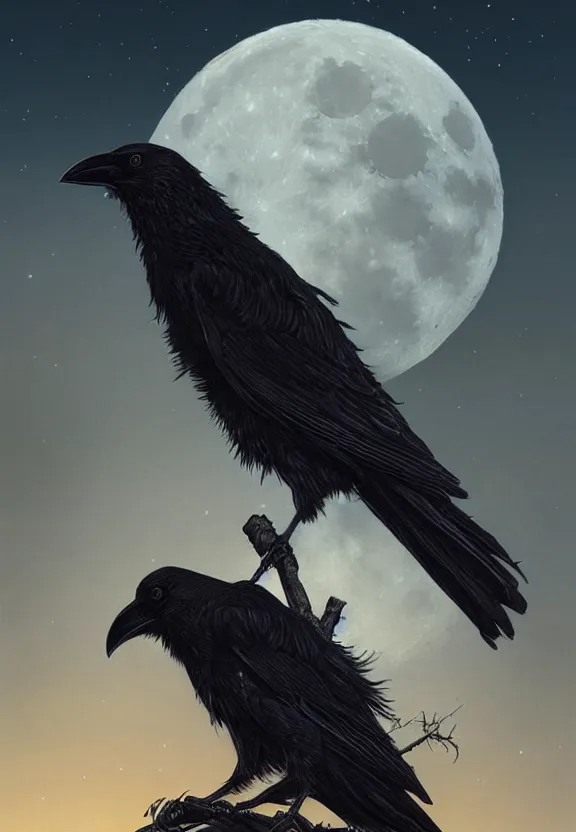 Image similar to crow on tree in front of the full big moon, highly detailed, digital painting, artstation, concept art, smooth, sharp focus, illustration, Unreal Engine 5, 8K, art by artgerm and greg rutkowski and alphonse mucha