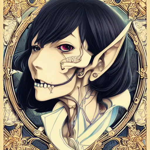 Image similar to anime manga skull profile young woman skeleton, elf, galadriel, astronaut , unreal engine, intricate, elegant, highly detailed, digital art, art by JC Leyendecker and sachin teng