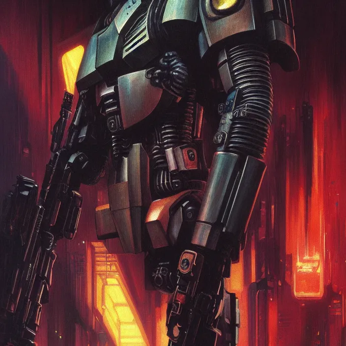 Prompt: excellent painted portrait of a replicant space marine from blade runner (1982), cyberpunk blade runner art, character artwork, 8k resolution artwork, trending on artstation, detailed oil painting portrait, art by artgerm and greg rutkowski and alphonse mucha and craig mullins and James Jean and Andrei Riabovitchev and Marc Simonetti and peter mohrbacher, matte painting