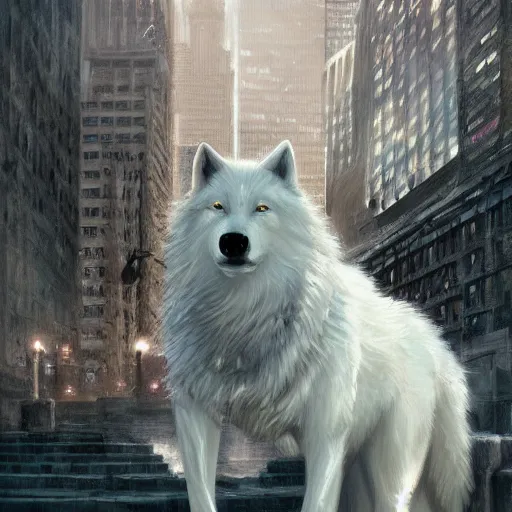 Prompt: a white wolf wearing a suit , dramatic lighting, cinematic, establishing shot, extremly high detail, photorealistic, cinematic lighting, artstation, style by James Gurney,