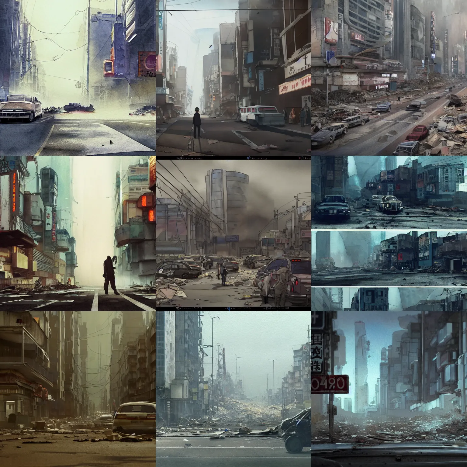 Prompt: incredible curvilinear screenshot, dramatic disaster movie scene, simple watercolor, paper texture, katsuhiro otomo ghost in the shell movie scene, distant shot a titanic cruise ship crashes through the street, debris, bricks flying, in deserted dusty shinjuku junk town, broken vending machines, old pawn shop, bright sun bleached ground, mud, fog, dust, windy, scary chameleon face muscle robot monster lurks in the background, big robot hand, robot ghost mask, teeth, animatronic, black smoke, pale beige sky, junk tv, texture, strange, impossible, fur, spines, mouth, pipe brain, shell, brown mud, dust, bored expression, overhead wires, telephone pole, dusty, dry, pencil marks, genius party,shinjuku, koju morimoto, katsuya terada, masamune shirow, tatsuyuki tanaka , hd, 4k, remaster, dynamic camera angle, deep 3 point perspective, fish eye, dynamic scene