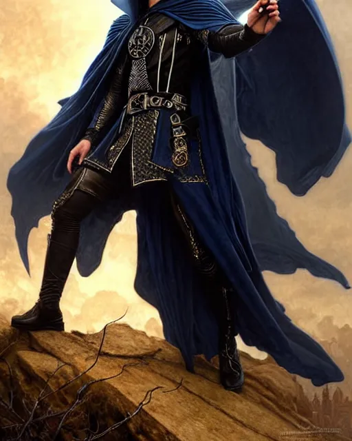 Prompt: handsome male mage fighting a giant, long black hair blue eyes wearing leather mantle gothic navy cloak with leather details, cliffside town, fantasy character portrait, ultrarealistic, intricate details, elegant, cinematic lighting, highly detailed, artstation, cgsociety, sharp focus, beautiful digital painting by artgerm, gerald brom, wlop, alphonse mucha