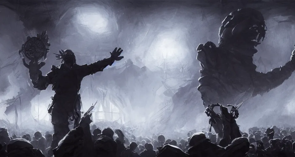 Image similar to soviet propagandist mid-speech, audience, darkness, evil, magic the gathering artwork, D&D, fantasy, cinematic lighting, centered, symmetrical, highly detailed, digital painting, artstation, concept art, smooth, sharp focus, illustration, volumetric lighting, epic Composition, 8k, art by Akihiko Yoshida and Greg Rutkowski and Craig Mullins, oil painting, cgsociety