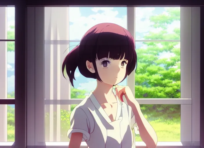 Prompt: anime film still portrait of a young woman looking at her kitchen window, cute face by ilya kuvshinov, yoshinari yoh, makoto shinkai, katsura masakazu, dynamic perspective pose, detailed facial features, kyoani, rounded eyes, crisp and sharp, cel shad, anime poster, ambient light