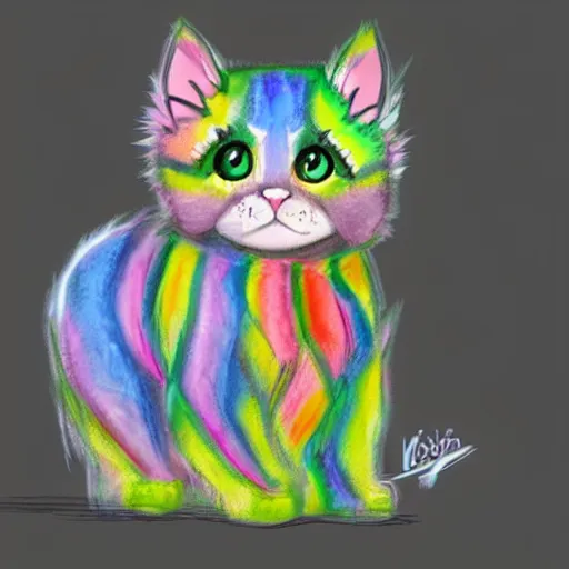 Image similar to wide angle full body, of a fluffy cute rainbow kitten wearing a black motorcycle jacket, concept art