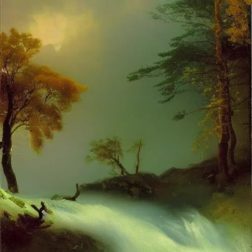 Image similar to aivazovsky's painting. forest landscape. oil on canvas, a masterpiece in the style of aivazovsky.