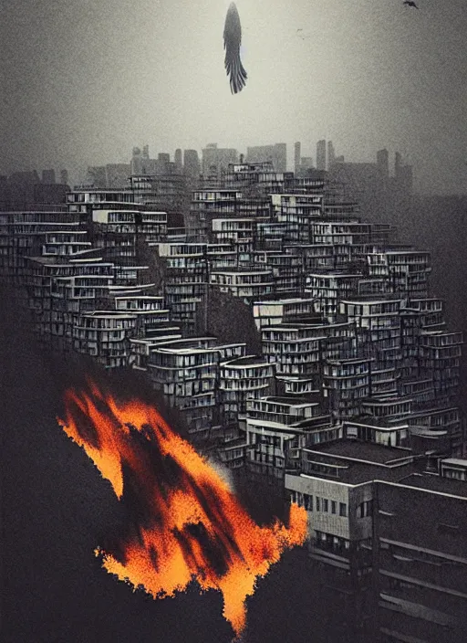 Image similar to city overgrowth on fire + a lone man + school of fish flying in the sky + (((habitat 67))), Mads Berg, Karolis Strautniekas, film noir, finely stippled light, dramatic lighting,editorial illustration, detailed,fine texture, matte print, dark blue + dark orange, red, black, extreme perspective