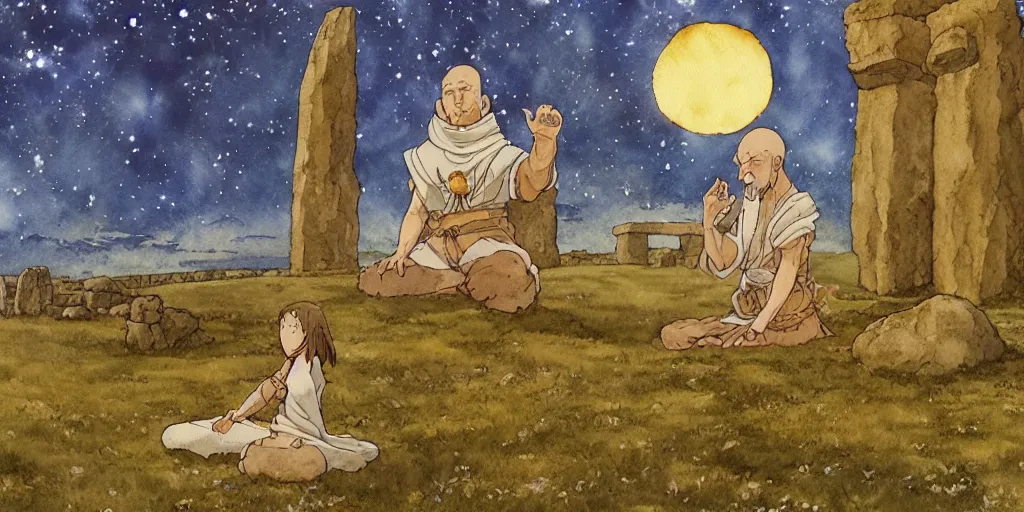 Image similar to a hyperrealist studio ghibli watercolor fantasy concept art of a giant medieval monk in lotus position in stonehenge with a starry sky in the background. a giant gold ufo is floating in the air. by rebecca guay, michael kaluta, charles vess