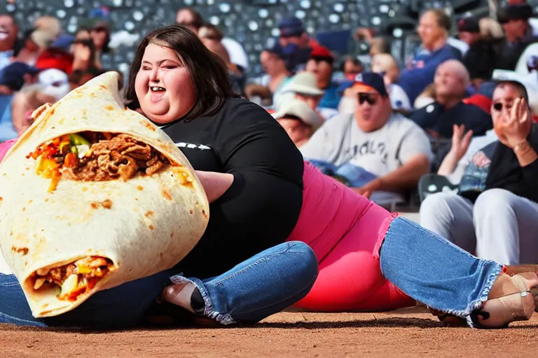 Image similar to obese woman eating a giant burrito sitting at a baseball game, photograph,