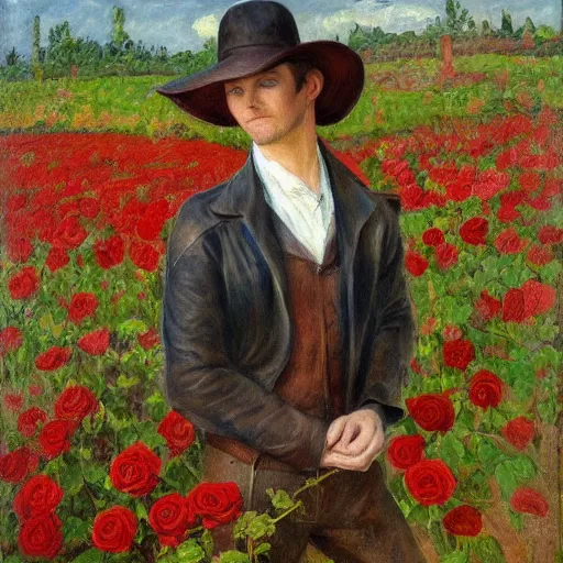 Image similar to A tall man with blue eyes and brown hair stands in the middle of a field of red roses and holds a red rose in his hand. He is wearing a leather wide brim hat and a leather vest, impressionist painting