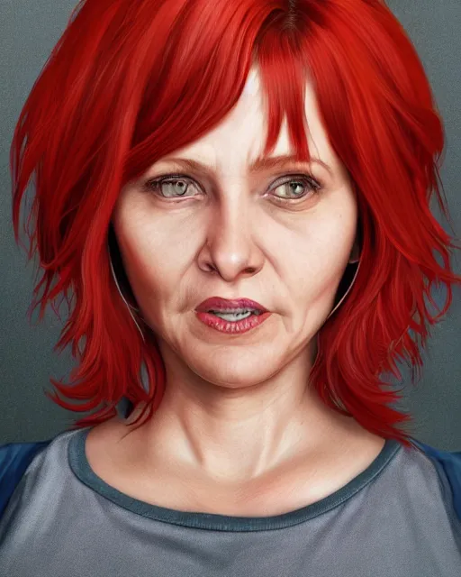 Image similar to portrait of happy short and plump 5 0 - year - old woman with red hair and, kind face, short hair, wearing in blouse, hyper realistic face, beautiful eyes, character art, art by mark brooks, hyperdetailed, cryengine, trending on artstation, digital art