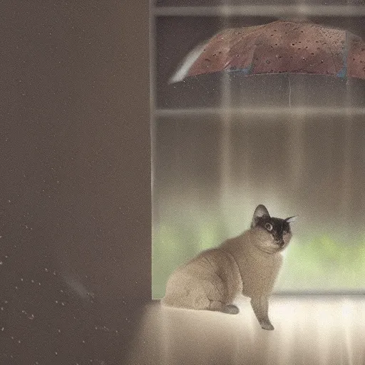 Prompt: a siamese cat staring out of a window with rain droplets flowing down during a thunderstorm, hyperrealistic, cinematic