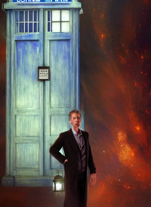 Image similar to portrait of doctor house standing next to tardis from doctor who, au naturel, hyper detailed, digital art, trending in artstation, cinematic lighting, studio quality, smooth render, unreal engine 5 rendered, octane rendered, art style by klimt and nixeu and ian sprigger and wlop and krenz cushart.