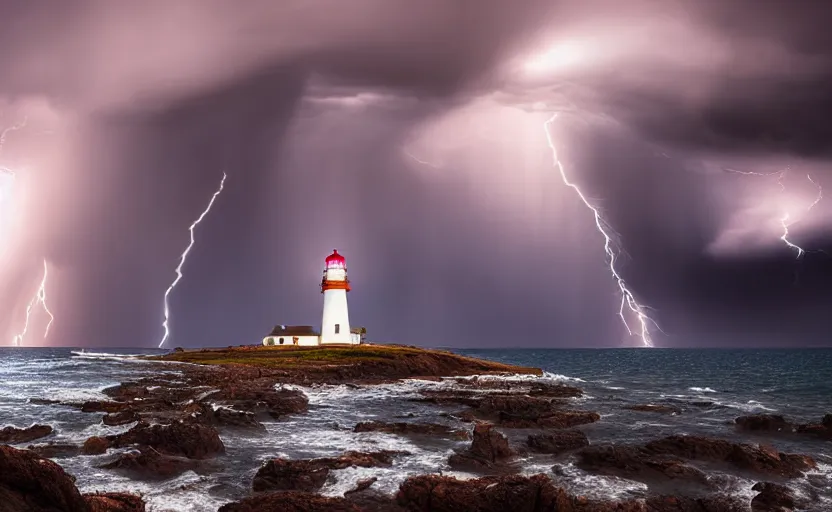 Prompt: a dramatic lighthouse photo with a thunderstorm by ryan dyar, highly detailed, 8 k