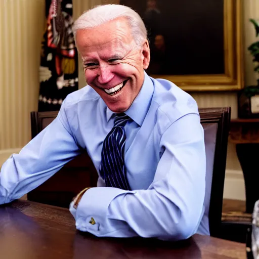 Image similar to 4 k hdr portrait wide angle photo of president joe biden laughing at a dinner table meeting surrounded by taliban terrorist leaders